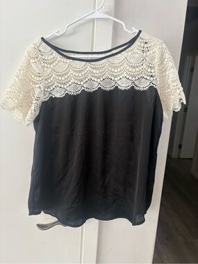 LC Lauren Conrad Black Blouse with Cream Crochet size large